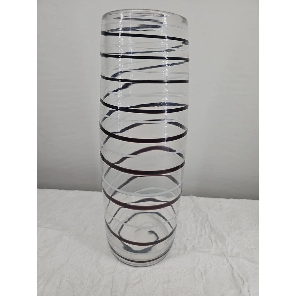 Vintage Unique, Large Hand-Blown Glass Vase with Striped Accents 14 In